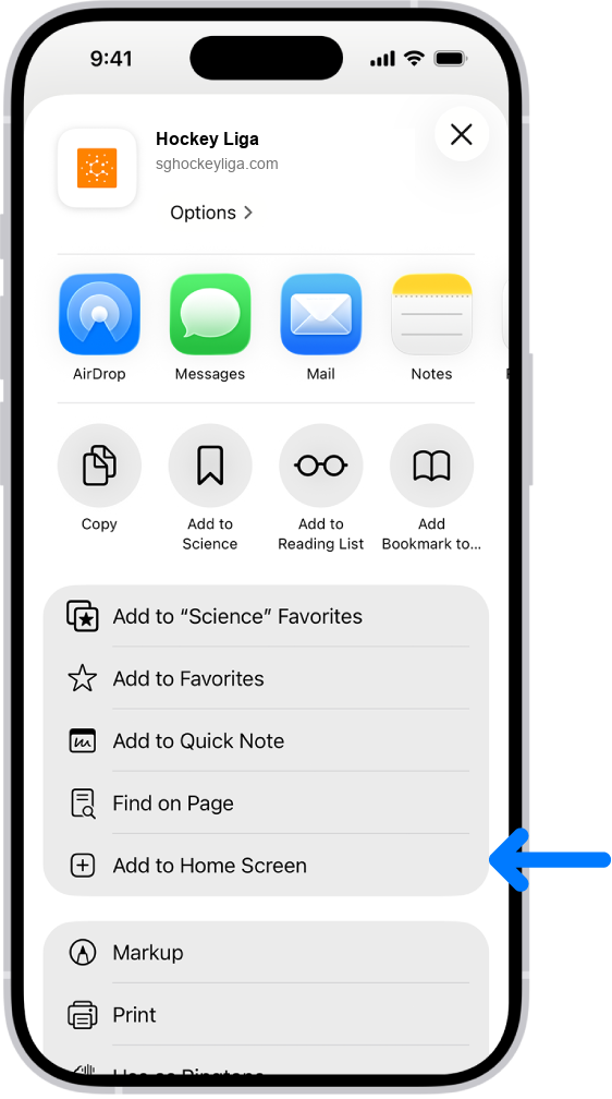 Safari Share menu with Add to Home Screen highlighted